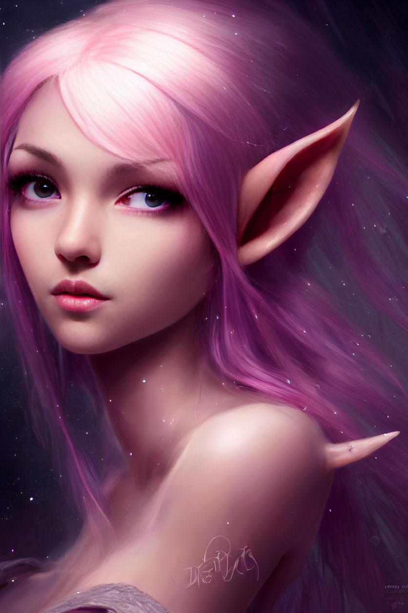 Elf with Pink Hair in Cosmic Background: Mystical Illustration