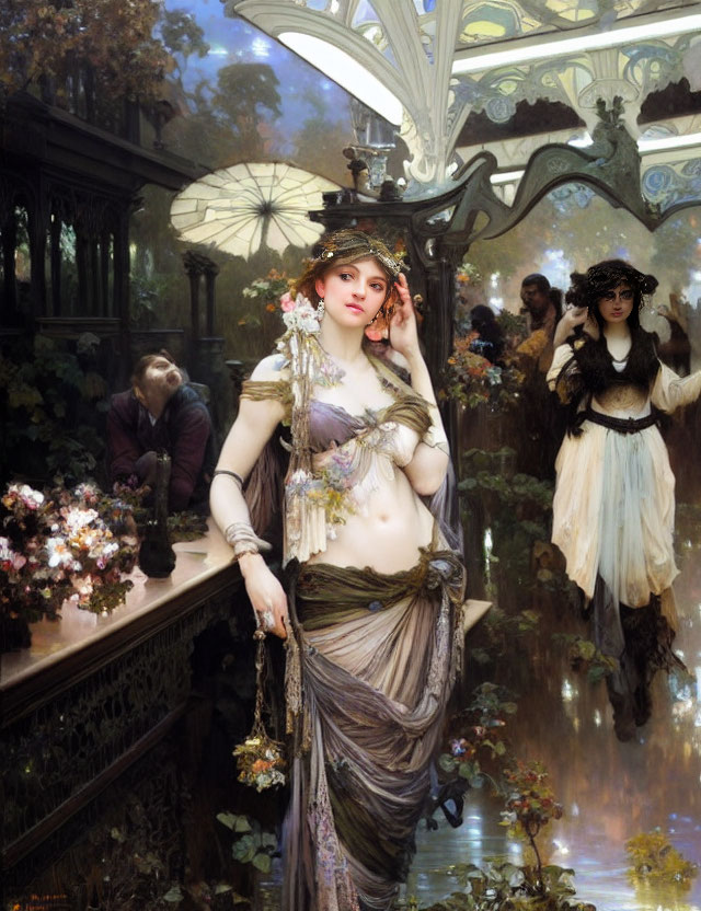 Classical painting of elegantly dressed woman under glass canopy