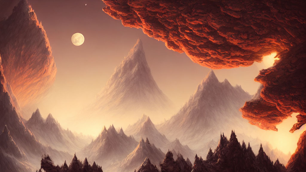 Misty mountains in surreal landscape under reddish sky