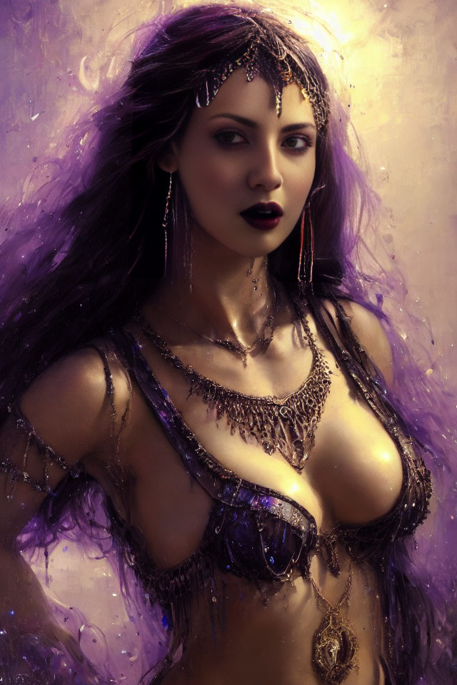 Purple-haired woman adorned with ornate jewelry in digital painting