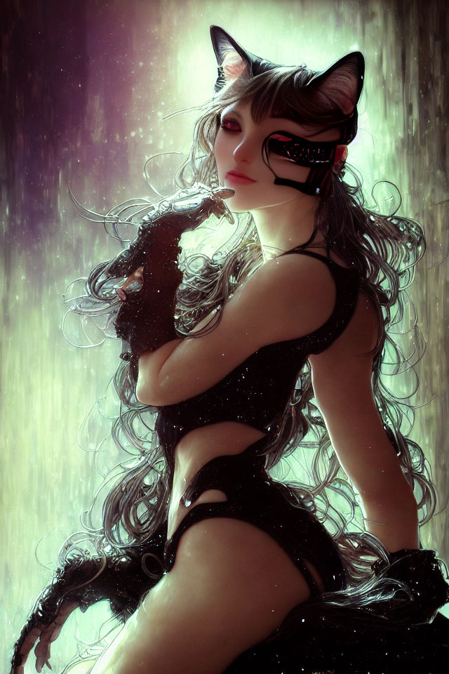 Female cat character with black hair and feline ears in dark outfit against shimmering backdrop