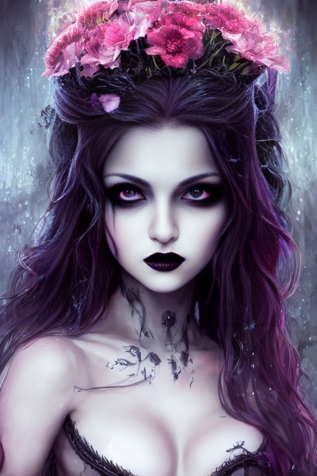 Woman with Purple Eyes and Flower Crown: Mystical Gothic Look