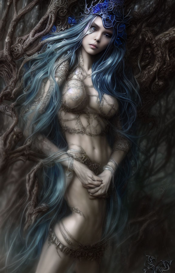 Fantastical female figure with blue wavy hair and ornate headpiece in metallic body armor among