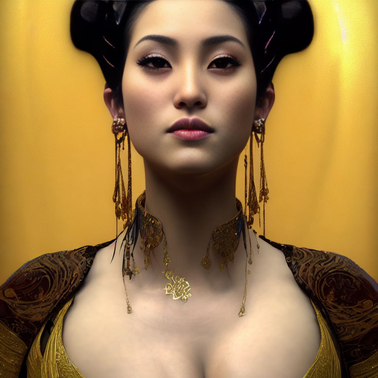 Woman in Traditional Attire with Elaborate Hairstyle and Gold Jewelry on Yellow Background