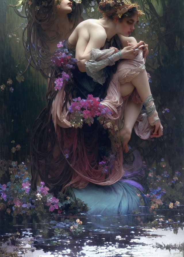 Ethereal women floating above water with lush flowers