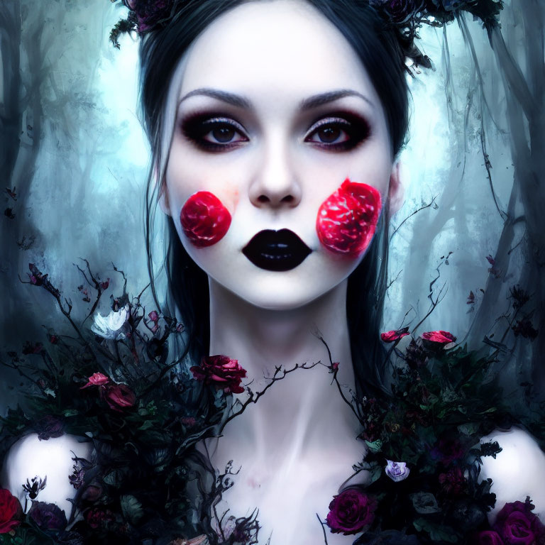 Gothic-themed image of a pale woman with dark eye makeup and crown of dark roses