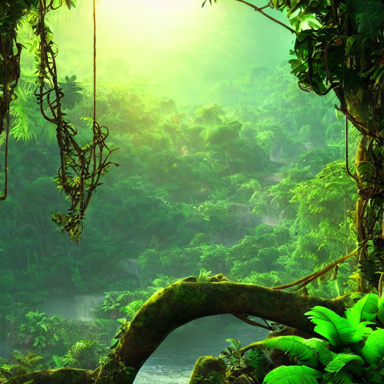 Lush Green Jungle with Dense Foliage, River, and Sunlight