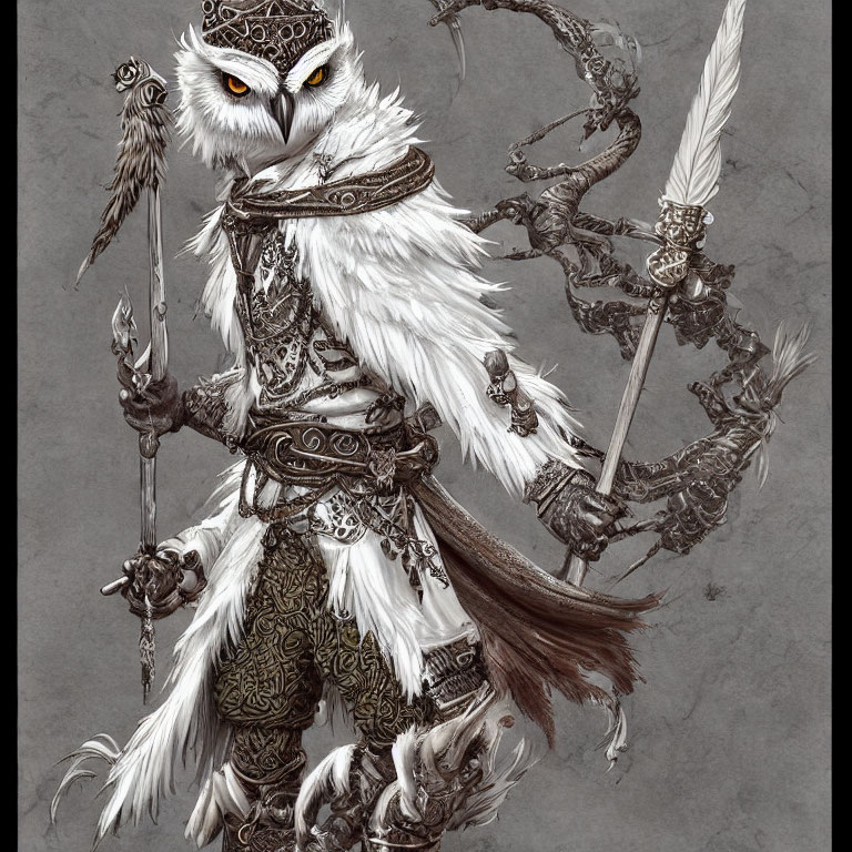 Anthropomorphic owl in ornate armor with staff and quill on shoulder, against gray background