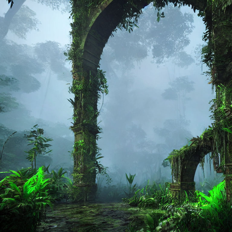 Lush Green Forest with Overgrown Ruins and Archways