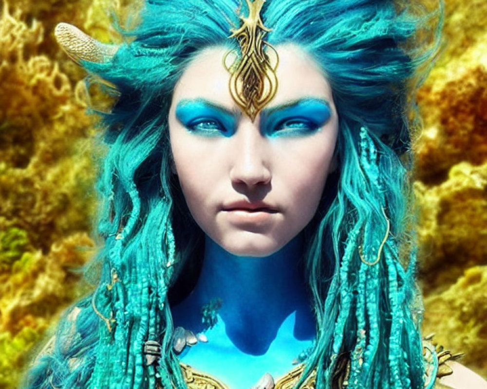 Blue-skinned fantasy character with turquoise hair and golden headpiece on golden backdrop