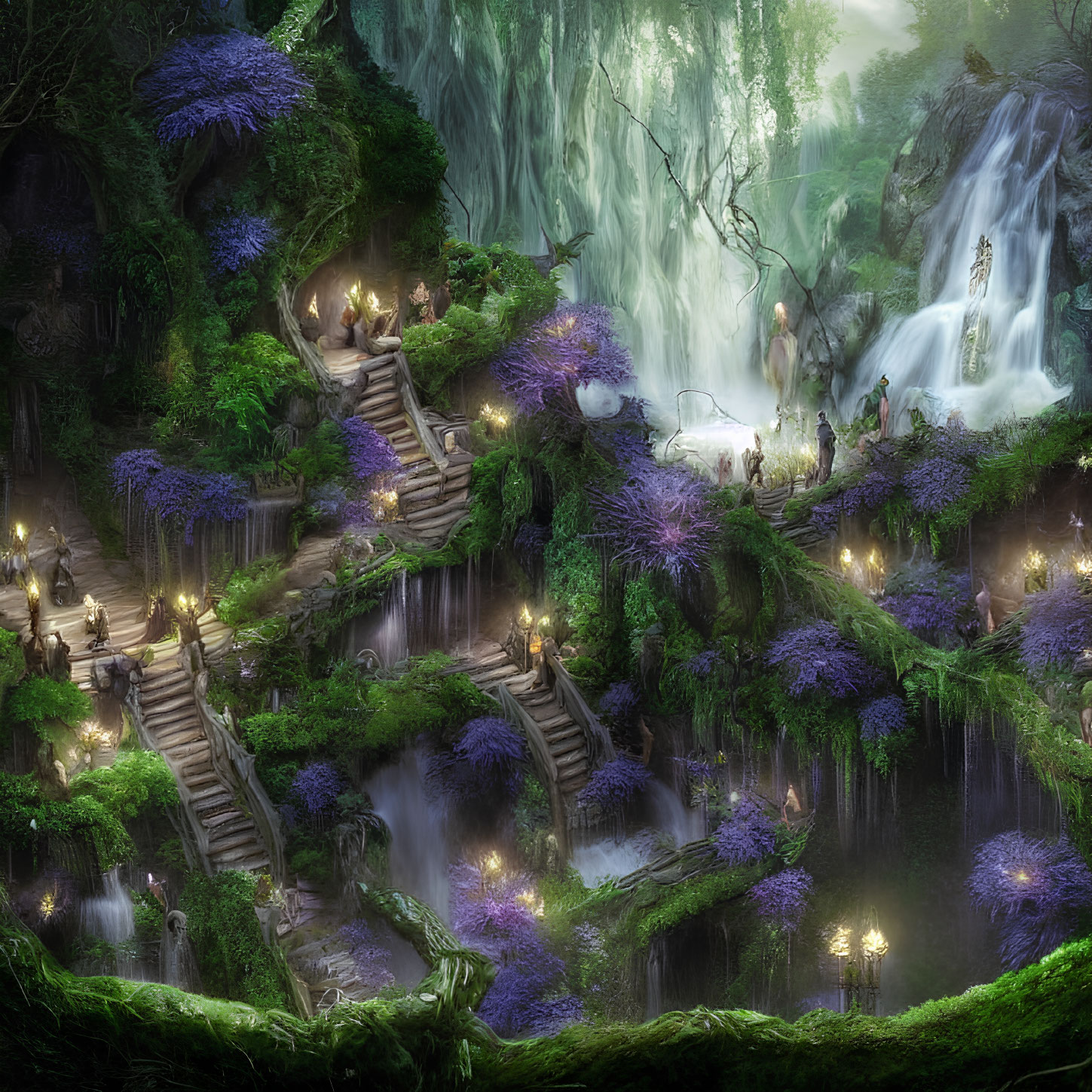 Luminous forest scene with waterfalls, lantern-lit pathways, and wandering figures