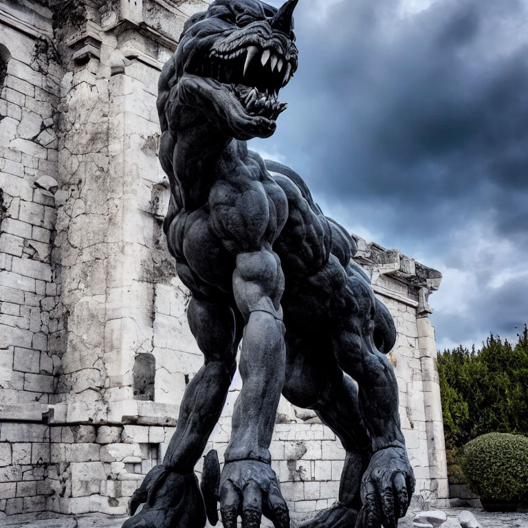 Black Werewolf Statue with Muscles Near Classical Stone Structure