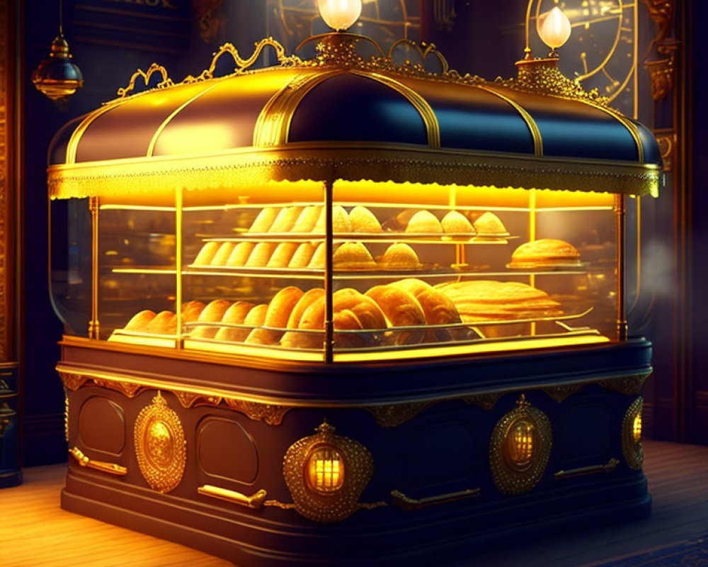 Vintage Bread Display Case with Glowing Lights and Golden Loaves in Elegant Room