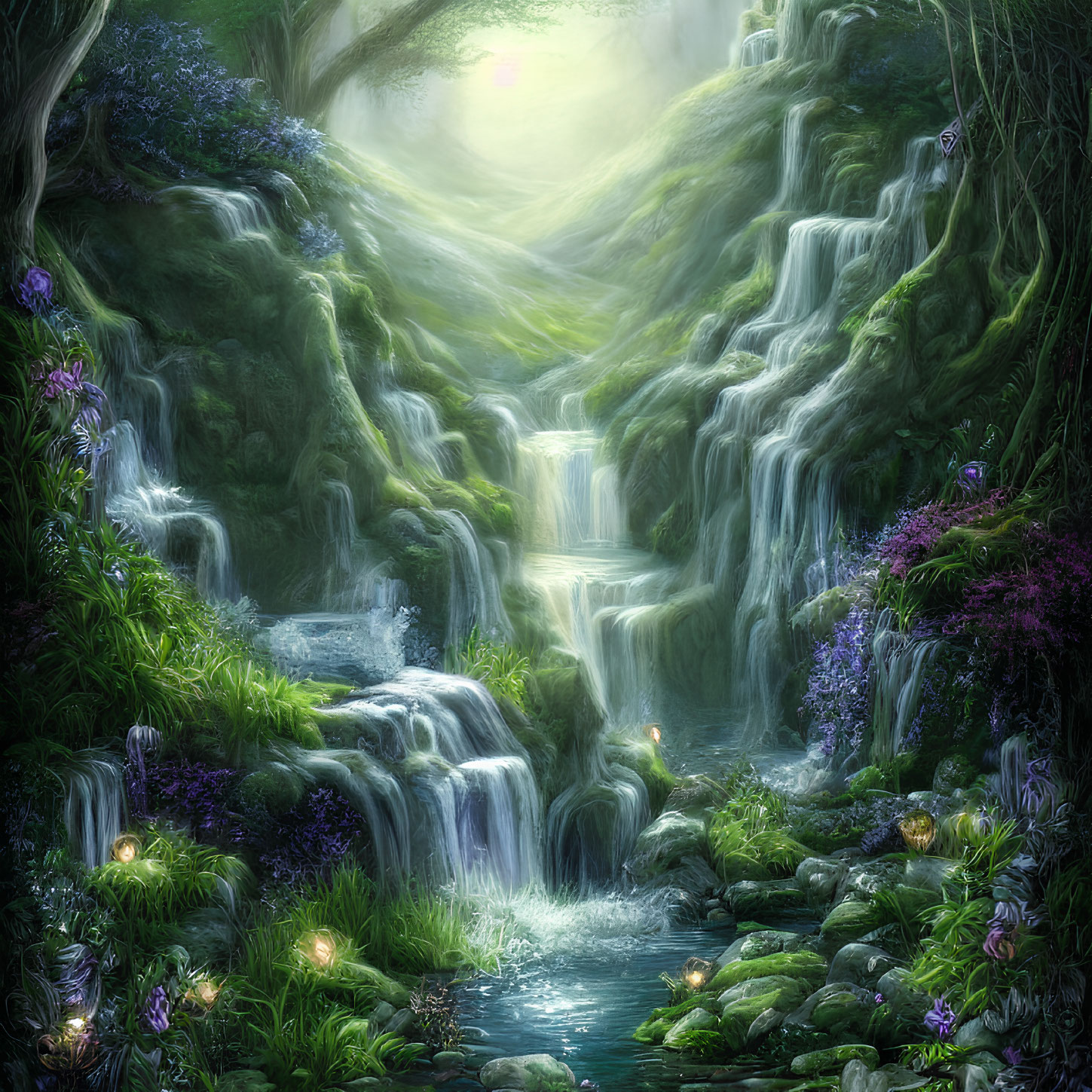 Serene forest waterfall with moss and plants