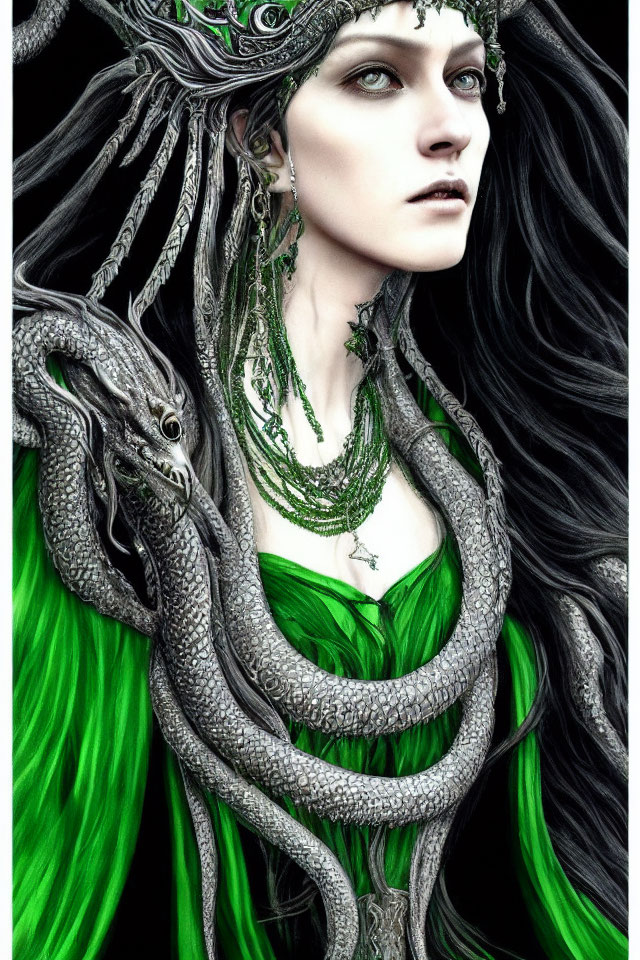 Pale woman with blue eyes, ornate headpiece, green dress, and snake in hair