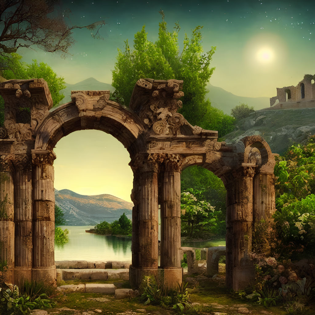 Moonlit stone arches by serene lake with ruins and lush greenery