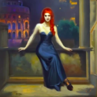 Elegant Woman in Dark Blue Gown Against Nightscape