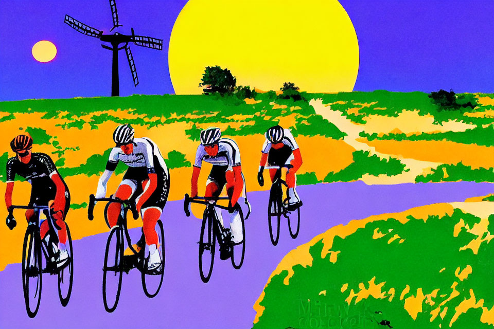 Vibrant cycling race with windmill and sunset scenery