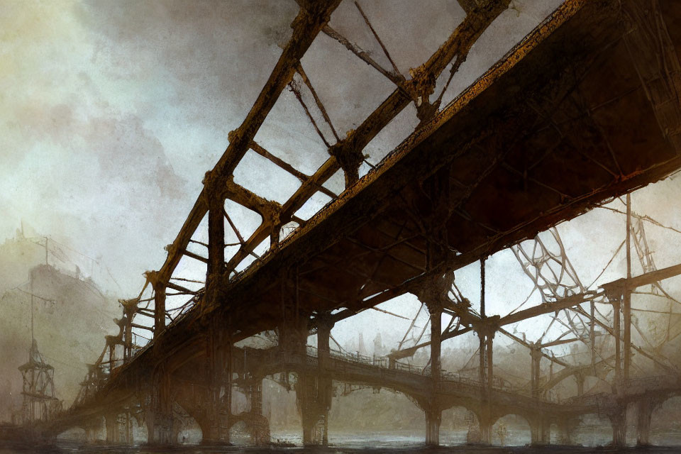 Sepia-Toned Image of Old Rusty Bridge Over Calm River