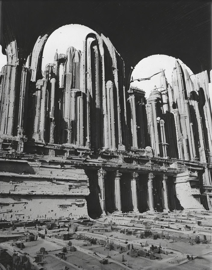 Monochrome artwork: Ancient grand columned structure with ruined facade