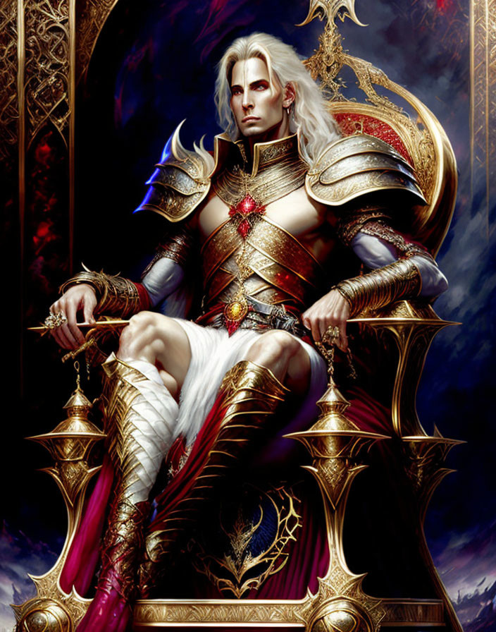 Regal figure in golden armor on throne with white hair