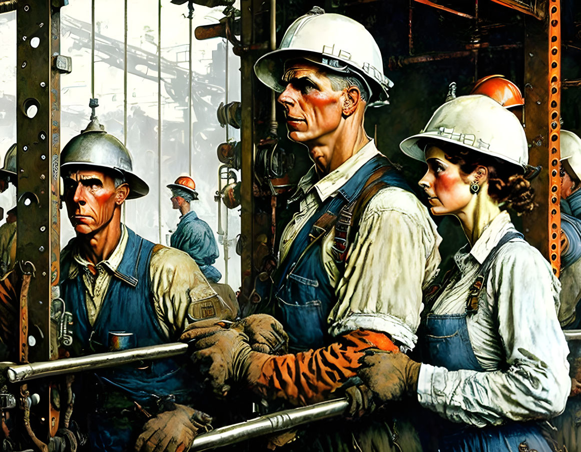 Three industrial workers in helmets and overalls with tools near heavy machinery