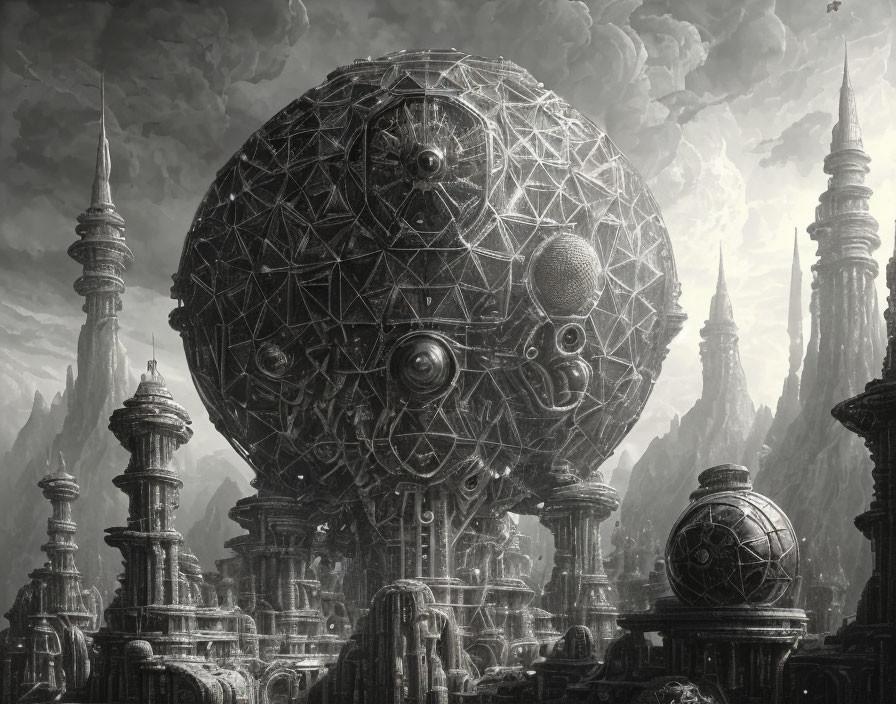 Monochrome fantasy landscape with towering spires and colossal spherical structure