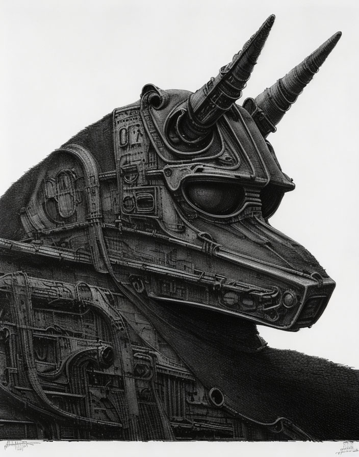 Detailed black and white mechanical rhinoceros drawing with intricate gear-like textures