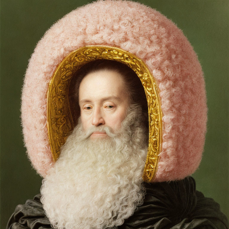 Exaggerated pink fur hat portrait in ornate gold frame