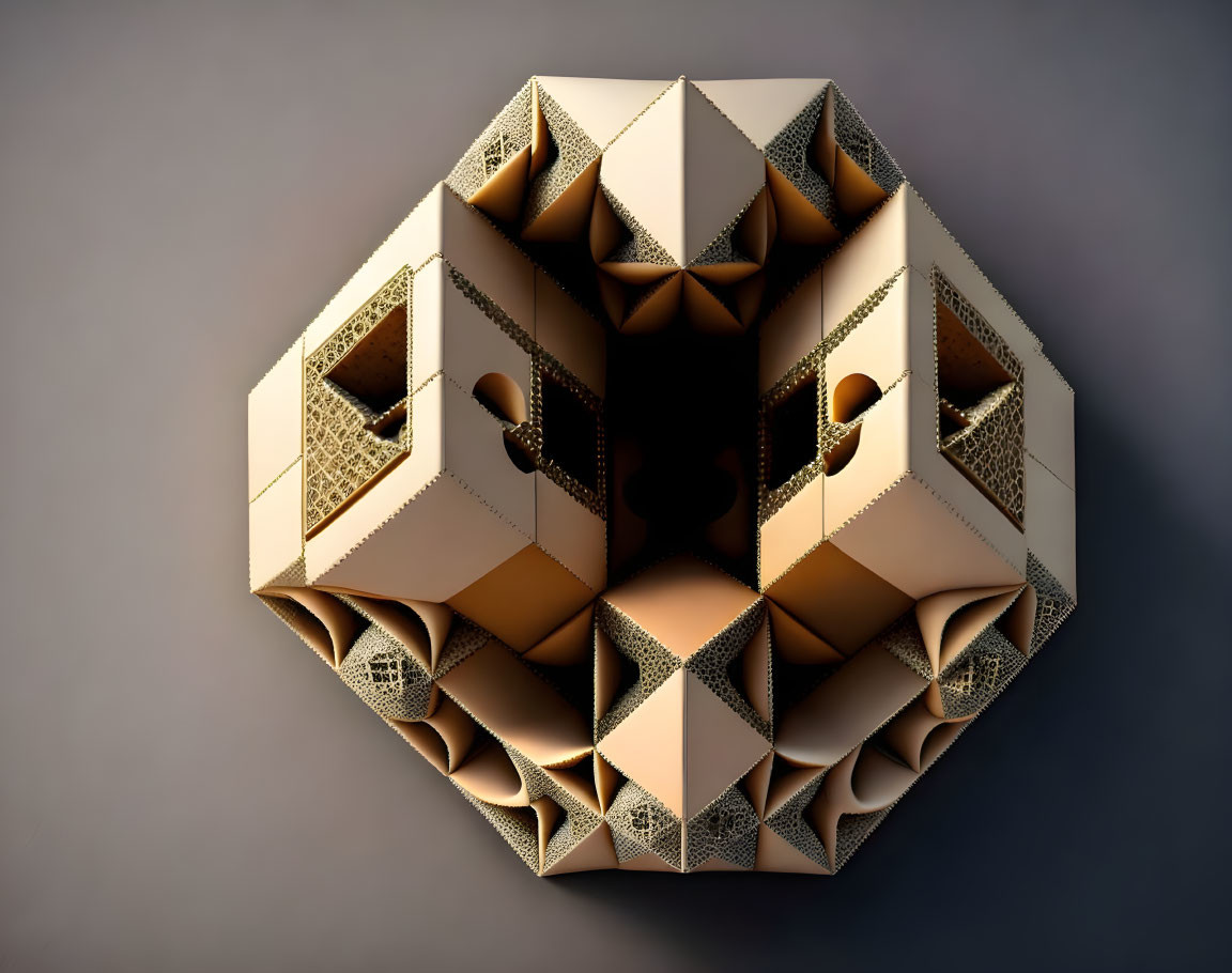 Symmetrical 3D fractal object with beige and brown geometric design