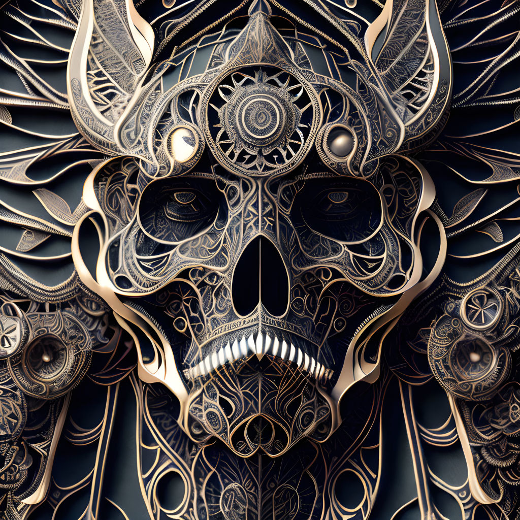 Intricate Metallic Skull with Mechanical Elements on Dark Background