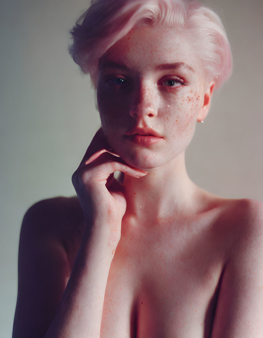 Portrait of a person with short pink hair and freckles in soft lighting