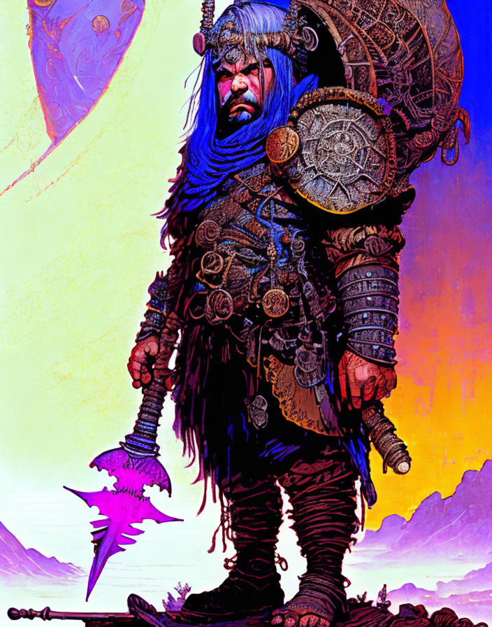 Fantasy warrior with beard, armor, shield, axe & mystical creature