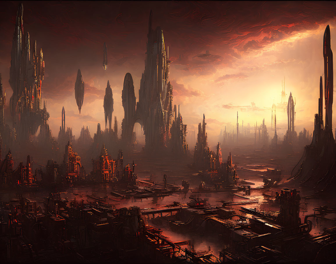 Dystopian landscape with towering spires and red sky