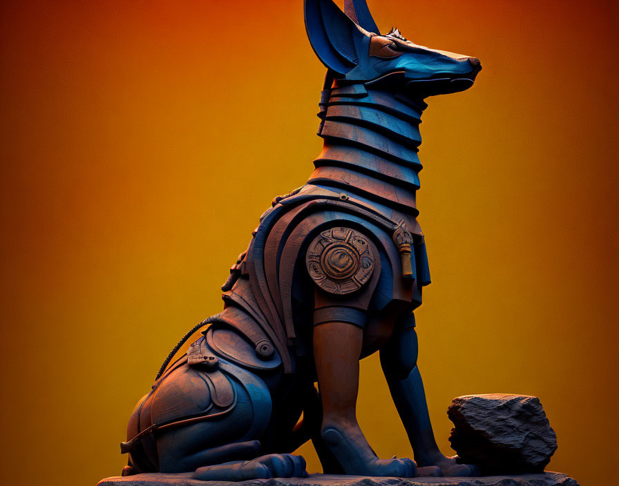 Egyptian God Anubis Statue Profile on Orange Background with Armor Plates