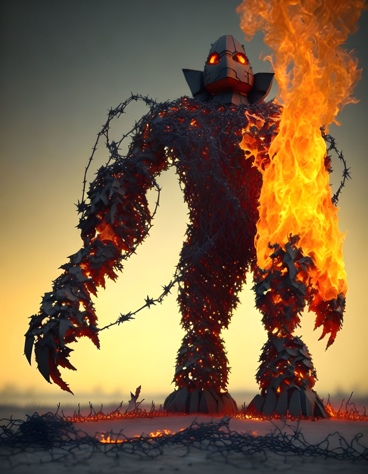 Animated giant of barbed wire with flaming arm in dusky sky