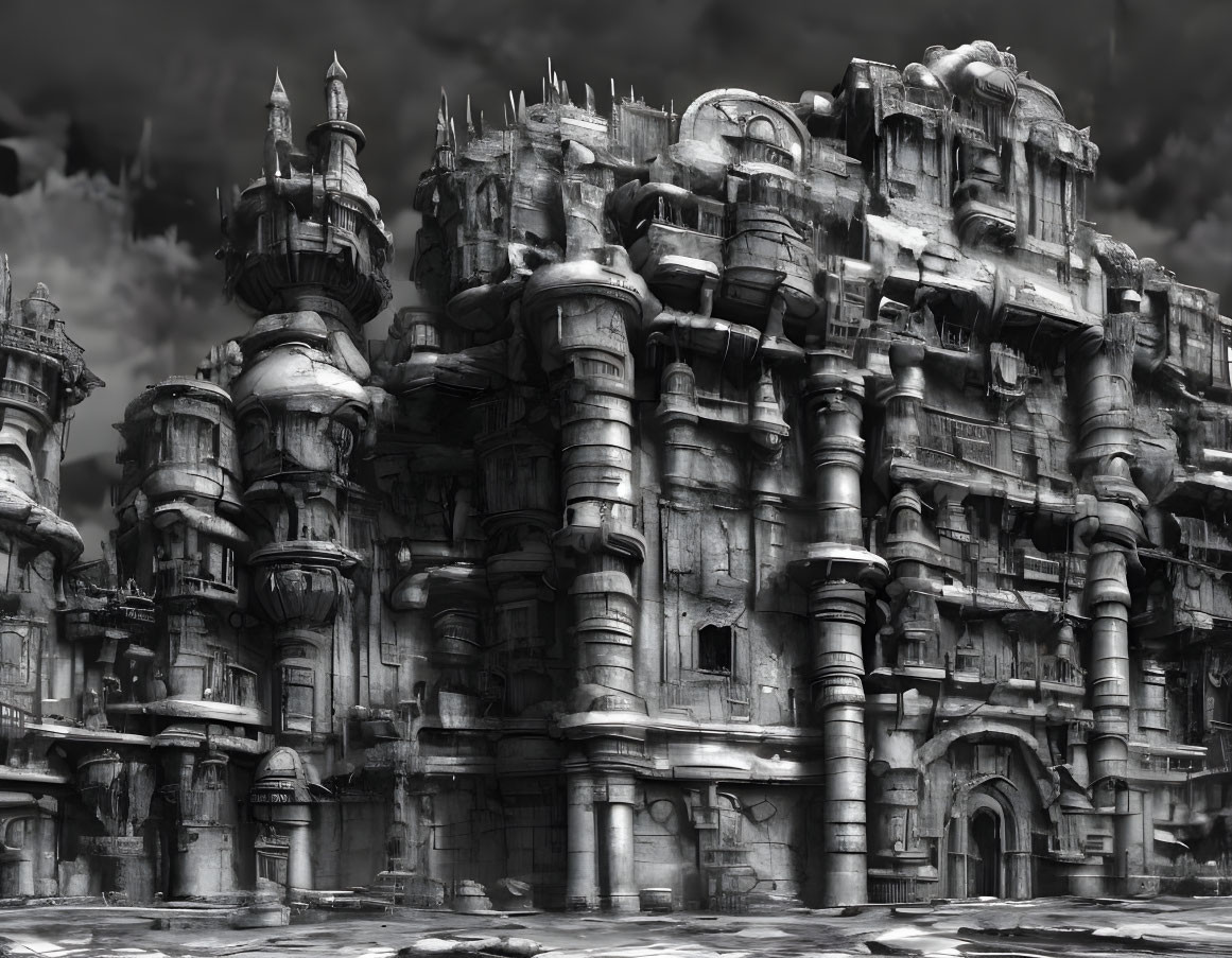 Monochrome futuristic fortress with ornate architecture and cylindrical structures