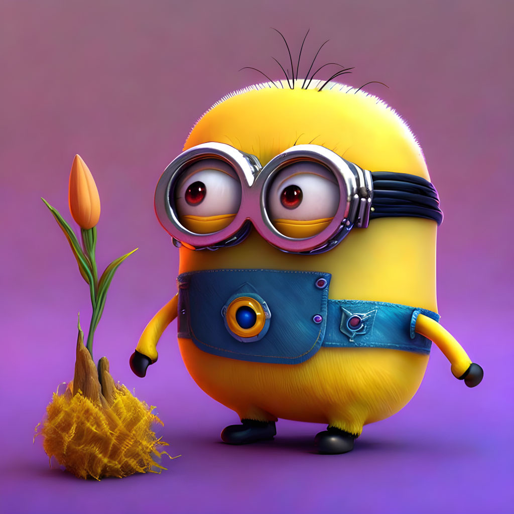 Yellow two-eyed minion in blue overalls admiring orange flower