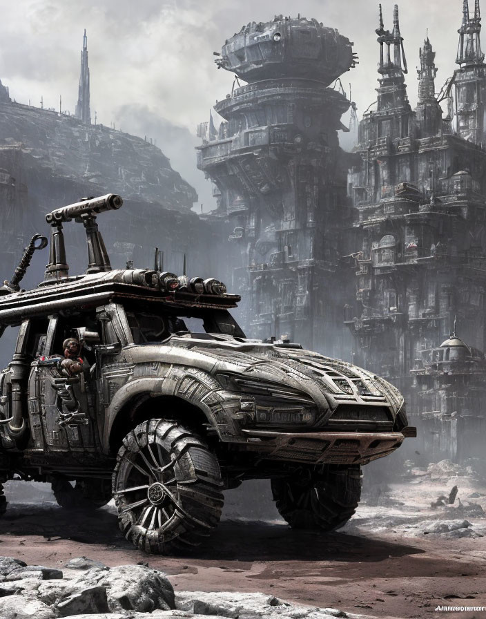 Dystopian landscape with rugged vehicle and large tires