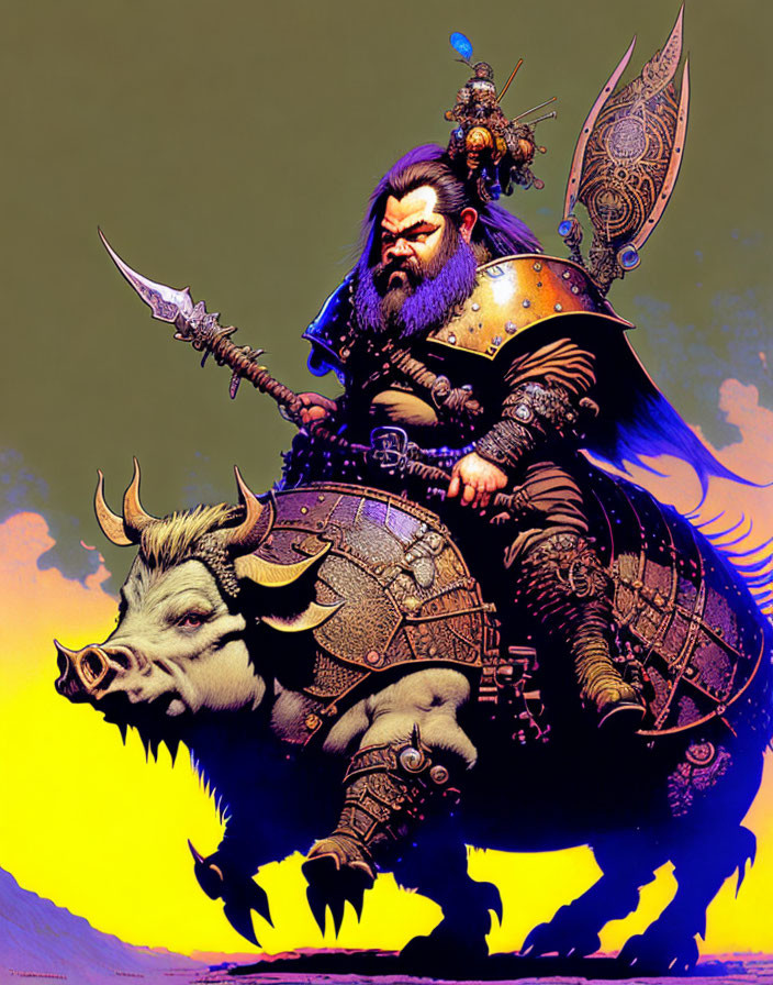 Bearded warrior on armored boar with small figure, yellow sky