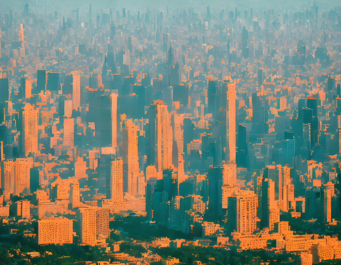 Golden-lit dense cityscape with high-rise buildings