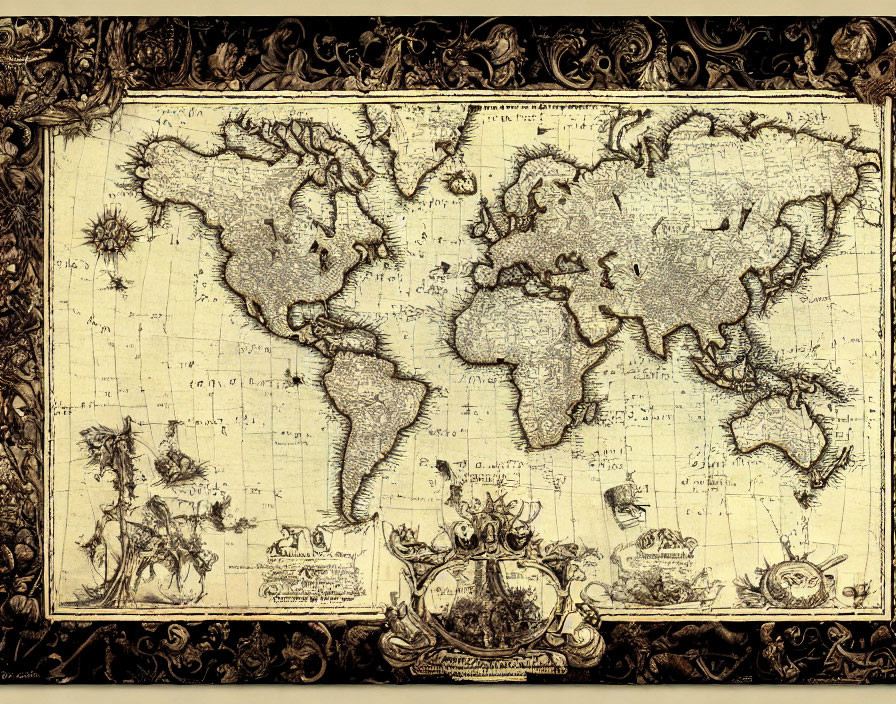 Vintage World Map with Ornate Frame and Nautical Illustrations in Sepia Tones