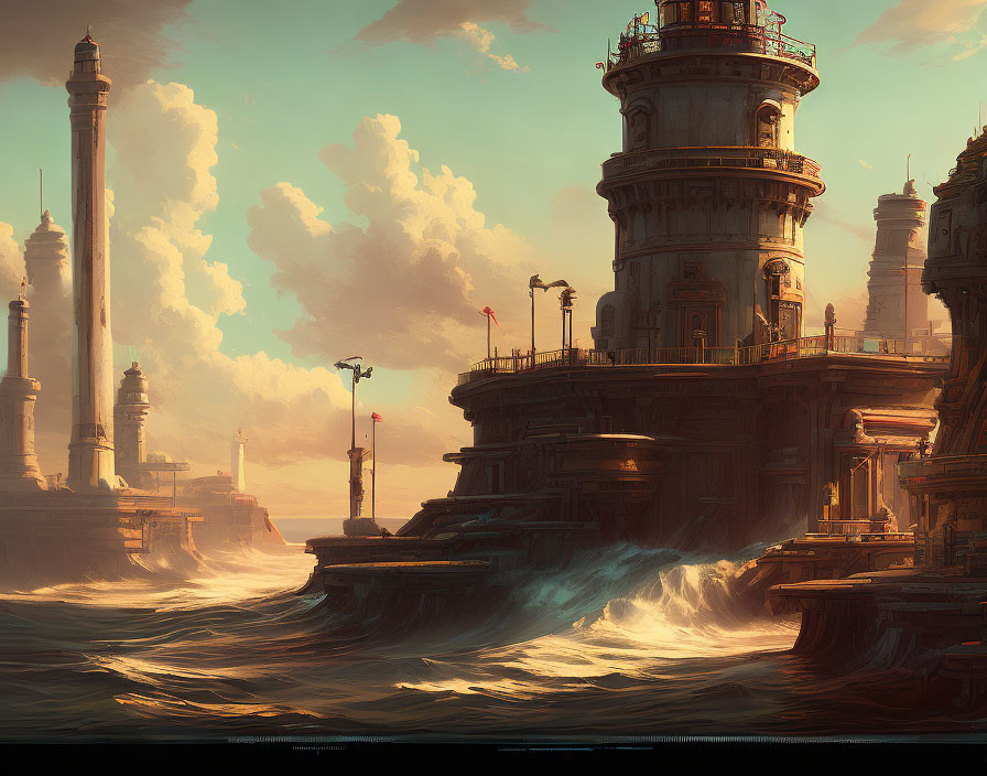 Fantastical coastal citadel with ornate towers in warm sunset light