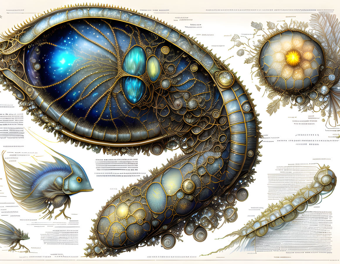 Mechanical aquatic creatures in intricate designs with scientific illustrations and text.