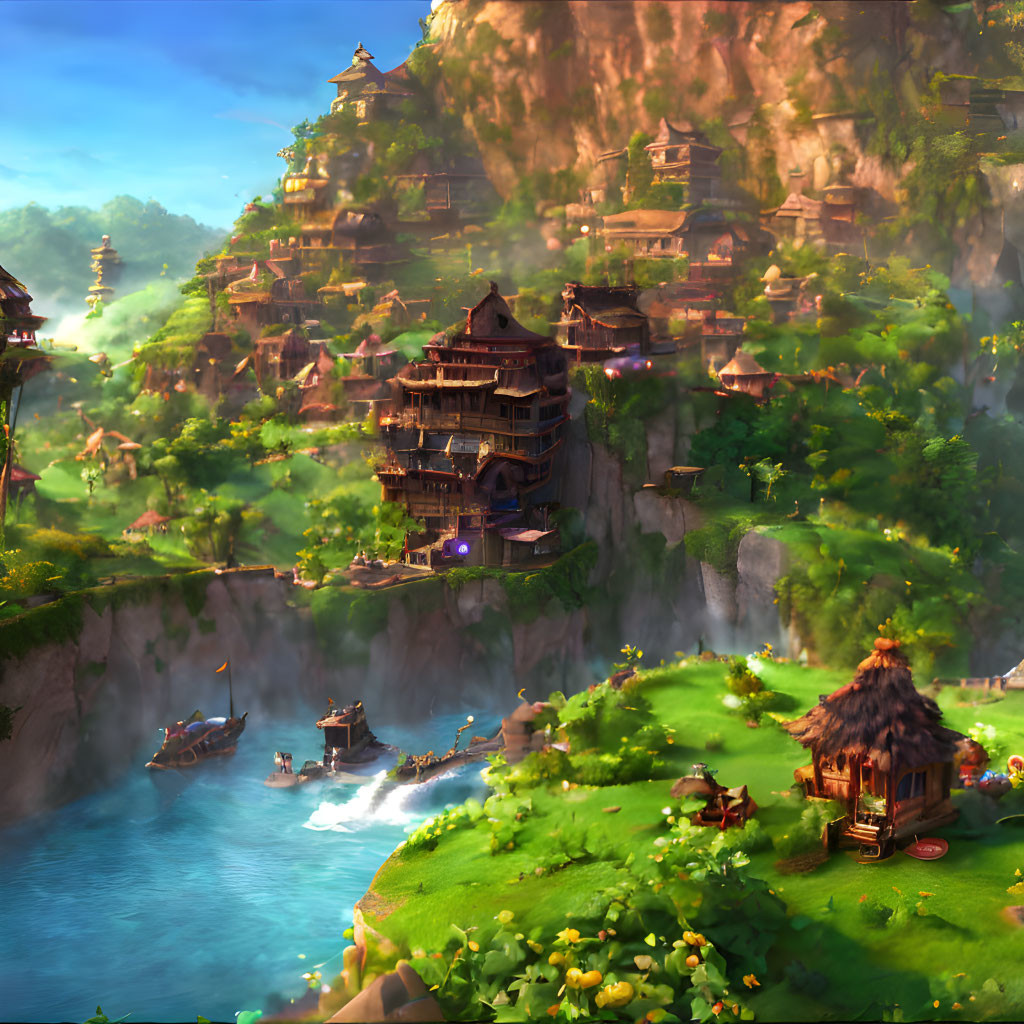 Tiered traditional buildings on cliffs with boats, waterfalls, and vibrant flora.