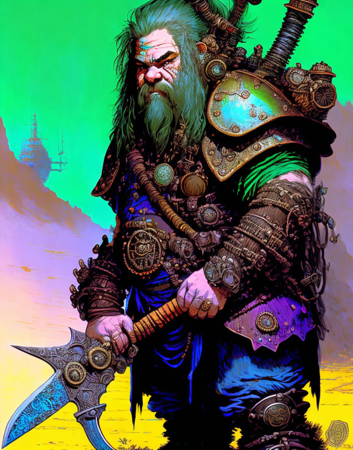 Fantasy dwarf warrior in armor with battleaxe and beard against colorful backdrop