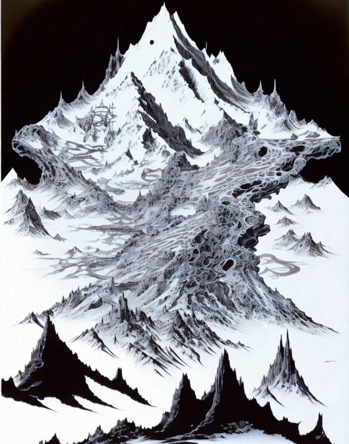 Detailed Monochrome Mountain Landscape Drawing with Intricate Textures