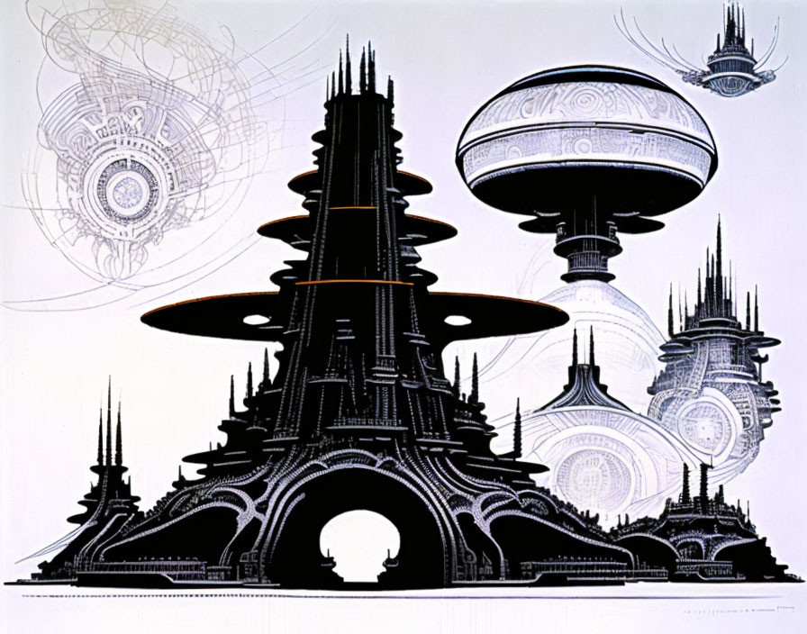 Futuristic towers and spherical structures in sci-fi architecture illustration