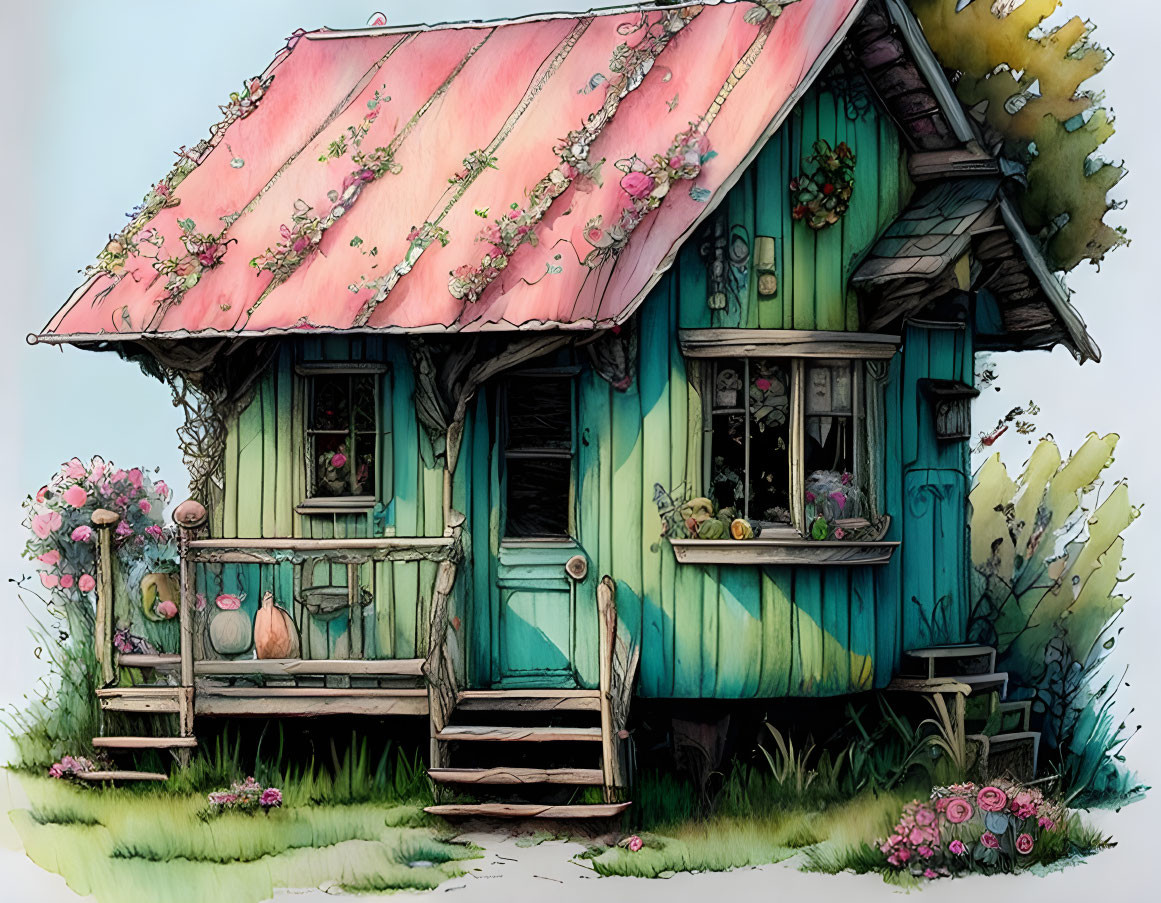 Colorful Whimsical Illustration of Quaint Wooden House