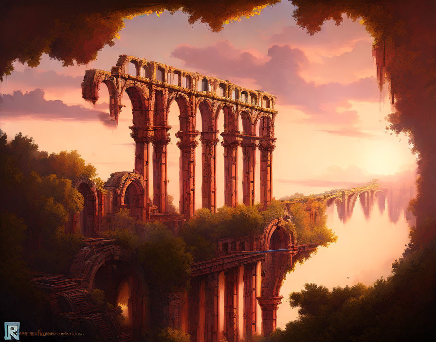 Majestic forest ruins in warm sunset glow